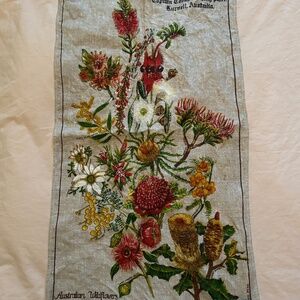 NWT Deadstock Vintage 100% Linen Australian Wildflower Hand Painted Tea Towel